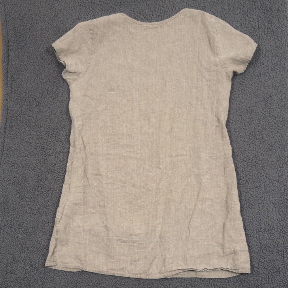 FLAX 100% Linen Short Sleeve Tunic Top Oatmeal Beige Tiered Hem Womens Medium - Picture 3 of 9